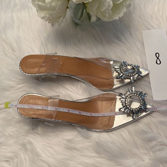 Vinyl Clear Silver Rhinestone Pointed Toe Kitten Heel Slingback Sandals Shoes - Picture 10 of 13